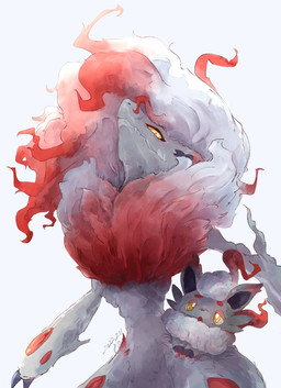 ambiguous_gender anthro cheek_tuft claws duo facial_tuft feral front_view fur multicolored_body multicolored_fur red_body red_fur simple_background tuft two_tone_body two_tone_fur white_background white_body white_fur year yellow_sclera yuuji7604 nintendo pokemon generation_8_pokemon hisuian_form hisuian_zoroark hisuian_zorua pokemon_(species) regional_form_(pokemon) 2022 hi_res