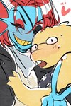 blue_body blue_skin blush buckteeth duo eye_patch eyewear female fin gesture glasses hair hand_gesture red_hair sharp_teeth teeth v_sign yellow_body yellow_skin pugthe2ro undertale undertale_(series) alphys undyne animal_humanoid dinosaur fish fish_humanoid humanoid marine marine_humanoid prehistoric_species reptile scalie 2:3 hi_res