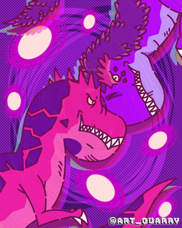 black_body black_scales black_spikes duo feral male purple_body purple_scales red_body red_scales red_spike scales sharp_teeth teeth yellow_sclera artquarry marvel moon_girl_and_devil_dinosaur devil_dinosaur_(moon_girl_and_devil_dinosaur) moon_dinosaur dinosaur prehistoric_species reptile saurischian scalie theropod tyrannosaurid tyrannosauroid tyrannosaurus tyrannosaurus_rex hi_res