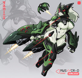 3_fingers anthro armor athletic athletic_anthro athletic_female big_breasts biped black_sclera breastplate breasts claws clothed clothing cybernetic_leg cybernetic_limb cybernetics female fingerless_gloves fingers flying fur gauntlets glistening glistening_body gloves greaves green_armor green_body green_fur green_tail handwear highleg highleg_bottomwear highleg_panties highleg_underwear looking_back machine panties red_eyes science_fiction scut_tail short_tail simple_background solo tail text thick_thighs trail underwear wide_hipped_female wide_hips zoom_layer ishiexe nintendo pokemon cyborg generation_9_pokemon mammal meowscarada pokemon_(species) absurd_res hi_res japanese_text