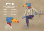 anthro beak blue_body blue_feathers brown_eyes chair clothed clothing container cup feathers furniture male simple_background solo table text yellow_beak orbitalis avian bird hyacinth_macaw macaw neotropical_parrot parrot toucan true_parrot english_text model_sheet url