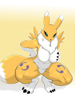 anthro breasts crouching female fluffy fluffy_chest holding_breast mature_female solo spread_legs spreading tail kitsukaelkami bandai_namco digimon digimon_(species) mammal renamon 3:4 absurd_res hi_res