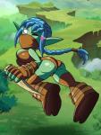 blue_hair breasts butt clothing dagger empty_eyes female green_body green_skin hair heart_symbol melee_weapon not_furry one_eye_closed ponytail solo tight_clothing weapon wink grimphantom activision skylanders stealth_elf_(skylanders) elf humanoid absurd_res hi_res