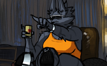 4_fingers anthro armchair big_breasts black_body black_fur black_hair bracelet breasts can chair cheek_tuft cleavage clothed clothing container crossed_legs curtains_closed eyewear facial_tuft female fingers footwear fur furniture gesture hair hand_gesture high_heels holding_can holding_container holding_object inside jewelry lips orange_clothing orange_topwear pointing shoes sitting solo sunglasses thick_bottom_lip topwear tuft sligarthetiger pointing_rick_dalton dubmare canid canine canis mammal wolf 2020 colored digital_media_(artwork) meme reaction_image redraw shaded