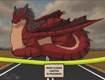 black_horn black_stripes brown_mane feral fur green_eyes horn loaf macro male mane membrane_(anatomy) membranous_wings outside overbite red_body red_fur relaxing road sign sitting sitting_on_ground sky solo spiked_tail spikes spikes_(anatomy) stripes tail tan_body tan_fur text wings rimentus european_mythology mythology coalt dragon furred_dragon furred_scalie mythological_creature mythological_scalie scalie western_dragon 2025 dated digital_media_(artwork) english_text signature