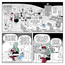 3_panel_comic accessory advertisement alcohol ambiguous_gender amplifier anthro backwards_baseball_cap backwards_hat band bangs bar_stool barefoot baseball_cap beer beverage biped black_clothing black_footwear black_hair blue_jumpsuit booth_seating boots bottomwear brass_instrument checkered checkered_clothing checkered_shirt checkered_topwear cleaning_glass clothing container costume crash_bar cup denim denim_clothing denim_topwear denim_vest dialogue door_handle double_door drinking drinking_glass ear_piercing electronics exit_sign eye_bags eyelashes feet female feral footwear furniture glass glass_container glass_cup green_clothing green_footwear green_hair group hair hand_in_pocket hat headgear headwear highlights_(coloring) holding_brass_instrument holding_musical_instrument holding_object holding_trumpet hoodie hooves jumpsuit looking_at_object looking_at_phone male musical_instrument no_smoking pants pattern_clothing pattern_shirt pattern_topwear pencil_skirt phone piercing pin_accessory pin_button pleated_skirt pockets poster pumps red_bottomwear red_clothing red_highlights red_pants rolled_up_pants sandals shirt shoes shorts shoulder_length_hair skirt sneakers speech_bubble stage stool straight_hair text topwear trumpet vest white_clothing white_footwear wind_instrument wine wine_glass horseonvhs autumn_winters_(horseonvhs) charlie_lancer diamond_(kyssimmee) jeanie_jacobs_(horseonvhs) summer_springs_(horseonvhs) vee_montgomery bear canid canine eulipotyphlan felid feline giant_panda hedgehog lagomorph mammal reptile rodent scalie snake 1:1 comic english_text hi_res