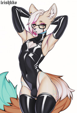 anthro bangs black_nose bulge clothing eyeshadow eyewear femboy fluffy fluffy_tail fur glasses gloves hair half-closed_eyes hands_behind_head handwear heart_(marking) latex latex_clothing latex_gloves latex_handwear latex_legwear latex_leotard latex_stockings legwear leotard looking_at_viewer makeup male markings multicolored_hair narrowed_eyes navel open_mouth orange_body orange_fur pink_eyelids pink_hair pose pride_color_piercing red_eyes short_hair simple_background skinny small_waist solo standing stockings tail tan_body tan_fur thigh_highs two_tone_hair wearing_glasses white_background white_hair leishkko felid feline mammal 2025 colored digital_drawing_(artwork) digital_media_(artwork) hi_res pinup shaded
