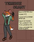 1940s_theme anthro clothed clothing gesture gloves hand_behind_head handwear looking_at_viewer male necktie nervous_smile solo suspenders text waving myaxy terrence_grant canid canine fox mammal 4:5 absurd_res english_text hi_res model_sheet