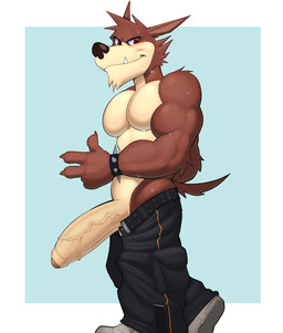 abs alternative_fashion anthro belt biceps big_penis bodily_fluids bottomwear bottomwear_down bracelet clothed clothing erection footwear foreskin fur genitals gesture glans hand_gesture humanoid_genitalia humanoid_penis jewelry looking_at_viewer male muscular muscular_anthro muscular_male open_belt pants pants_down partially_clothed pecs penis punk red_body red_eyes red_fur sharp_teeth shoes side_view small_but_hung smile smiling_at_viewer solo spiked_bracelet spikes sweat tail tan_body tan_fur teeth toony underbite v_sign vein veiny_penis fleshformomo atlus go!_go!_hypergrind sega decker canid canine canis mammal wolf 2026 hi_res