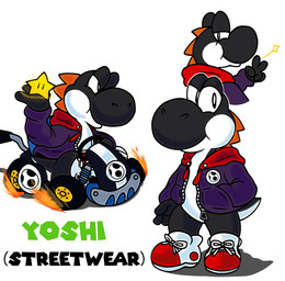 alternate_costume ambiguous_gender anthro black_body bottomless clothed clothing clothing_swap drifting driving egg footwear gesture half-closed_eyes hand_gesture hand_in_pocket hoodie kart multicolored_body multicolored_clothing multicolored_footwear multicolored_hoodie multicolored_shoes narrowed_eyes open_clothing open_hoodie open_topwear pockets purple_clothing purple_hoodie purple_topwear shoes simple_background smug_face sneakers solo sparks standing style_emulation tail topwear v_sign vehicle white_background white_body white_clothing white_footwear white_shoes white_sneakers yoshi_egg chaosimp2006 mario_bros mario_kart mario_kart_world mythology nintendo black_yoshi dinosaur dragon mythological_creature mythological_scalie prehistoric_species reptile scalie starman_(mario) yoshi absurd_res concept_art digital_media_(artwork) hi_res