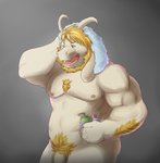 alternate_version_at_source anthro asgore_dreemurr beard blonde_hair body_hair boss_monster_(undertale) bovid caprine chest_hair facial_hair genitals hair hi_res holding_object horn male mammal mature_anthro mature_male muscular muscular_anthro muscular_male nipples nude open_mouth penis pubes simple_background solo towel undertale undertale_(series) wdh3905 white_body white_penis