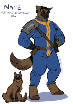 anthro armor black_nose brown_body brown_fur fur male multicolored_body multicolored_fur pip-boy simple_background snout solo standing tail text vault_suit white_background drvoidiguana fallout microsoft the_sole_survivor_(fallout) canid canine canis domestic_dog german_shepherd herding_dog mammal pastoral_dog artist_name english_text