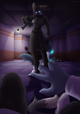 anthro blood bodily_fluids boots clothing corpse dark detailed_background first_person_view fluffy footwear glowing glowing_eyes group gun hallway holding_object holding_weapon hood intimidation light long_tail male ranged_weapon shadow shoes tail violence weapon vikicb absurd_res hi_res lighting