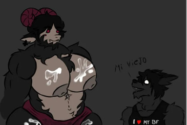 anthro antlers big_breasts black_body bodily_fluids breasts cum cum_in_nipples cum_in_vagina cum_inside duo ear_piercing genital_fluids horn male male/male piercing poker_face red_eyes text white_eyes unknown_artist rod_(r_96) bovid canid canine canis caprine caprine_demon demon goat_demon mammal wolf spanish_text