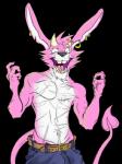 3_fingers anthro athletic biceps buckteeth claws clothed clothing ear_piercing fangs fingers fur grin horn long_ears looking_at_viewer male markings muscular muscular_anthro muscular_male navel open_mouth pecs piercing pink_body pink_fur pose scar smile solo spade_tail standing tail teeth tongue topless madlag demon lagomorph leporid mammal rabbit 2018 alpha_channel digital_drawing_(artwork) digital_media_(artwork) hi_res portrait signature