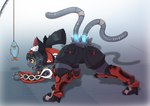 2_tails alternate_species anthro black_body black_fur black_hair female fur furrification hair multi_tail red_eyes robotic_leg solo tail vavacung mihoyo zenless_zone_zero nekomiya_mana felid feline mammal full-length_portrait hi_res portrait