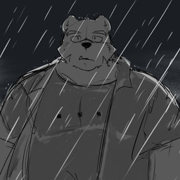 anthro belly clothing cute_fangs fangs kemono male night outside overweight overweight_male raining shirt solo teeth topwear whitebeast20 bear mammal 1:1 2021 hi_res sketch