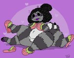 anthro belly black_body black_fur black_hair blush blush_lines chelicerae clothing fluffy fluffy_thighs footwear fur grey_body grey_fur hair heart_symbol humor male markings meme_pose mole_(marking) neckwear pawpads pink_slippers purple_background purple_blush purple_insides purple_pawpads purple_tongue shoes simple_background slippers smile solo tongue tongue_out unusual_insides sosu-the-blue-wolf meme_clothing velley_(beastbeans) arachnid arthropod spider colored digital_drawing_(artwork) digital_media_(artwork) hi_res meme