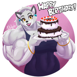 abs anthro big_breasts birthday birthday_cake breasts cake clothing dessert dress eyebrows eyelashes female fingers food fur grey_body grey_fur huge_arms hyper looking_at_viewer markings mature_anthro mature_female mole_(marking) muscular muscular_anthro muscular_female open_mouth solo wide_hips mrmelted aunt_elena canid canine canis mammal wolf 1:1 2025 absurd_res dated hi_res