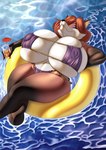 anthro beverage big_breasts breasts clothing female floatie huge_breasts inflatable lying nipple_outline on_back relaxed_expression relaxing solo swimwear water chochi mikeblade sonya_(chochi) canid canine fox mammal 2024 absurd_res artist_collaboration hi_res