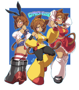anthro arm_cannon big_breasts blush bottomwear breasts brown_body brown_hair clothing cosplay crossover_cosplay eyebrows eyelashes eyewear eyewear_on_head female goggles goggles_on_head group hair hands_behind_head legwear magenta_eyes miniskirt navel nipple_outline open_mouth ranged_weapon skirt squish thigh_highs thigh_squish thong_straps trio weapon weapon_arm whiskers wide_hips fuya_(tempupupu) gameoverse glitch_productions kantai_collection touhou kit_bodega reimu_hakurei shimakaze_(kancolle) domestic_cat felid feline felis mammal 2026 crossover hi_res signature