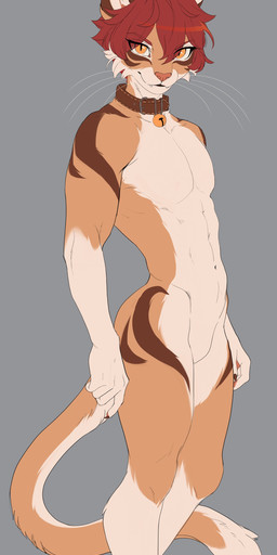 4_toes 5_fingers abs anthro athletic bedroom_eyes bell bell_collar brown_body brown_collar brown_fur brown_markings cheek_tuft claws collar collar_only confident countershade_face countershade_torso countershading cute_fangs digitigrade eyebrows eyelashes facial_markings facial_tuft fangs featureless_crotch feet femboy finger_claws fingers fur fur_markings gloves_(marking) grey_background hair hair_over_eyes head_markings leather leather_collar leg_markings legs_together logo looking_at_viewer male markings multicolored_body multicolored_fur muscular narrowed_eyes navel nude nude_anthro nude_male pawpads pecs red_eyebrows red_hair red_text seductive simple_background slim smile socks_(marking) solo standing tail tan_body tan_fur teeth text toe_claws toes tuft twunk whiskers white_text vesper_art vesper_(vesper_art) domestic_cat felid feline felis mammal 2025 absurd_res artist_logo artist_name full-length_portrait hi_res portrait