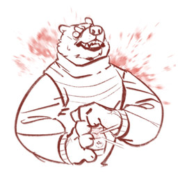 anthro blurred_background clothed clothing fangs front_view holding_object male simple_background simple_eyes solo teeth topwear unsigned wide_eyed asnnonaka bear mammal 1:1 half-length_portrait monochrome portrait red_and_white