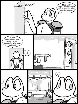 4_fingers anthro anthro_focus armor barely_visible_genitalia barely_visible_penis bathing bathroom breastplate clothing dialogue ellipsis fingers footwear genitals male motion_lines nude onomatopoeia penis penis_silhouette robe shirt shoes shoulder_pads shower showering silhouette solo_focus sound_effects speech_bubble steam text toilet topwear ultilix caspar_(ultilix) leo_the_magician amphibian frog 2025 comic english_text greyscale monochrome multiple_scenes