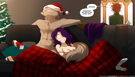 abs anthro athletic athletic_male barefoot bed blush bodily_fluids bra breasts brown_body brown_fur christmas_clothing christmas_headwear christmas_tree cleavage clothed clothing cuddling dialogue drooling drunk duo_focus eggnog feet female female_on_anthro fur furniture group hair hair_over_eye hat hat_over_eyes headgear headwear holidays human_on_anthro inside interspecies interspecies_romance leaning leaning_backward lying male male/female nude on_back on_bed one_eye_obstructed open_mouth plant purple_hair question_mark red_hair saliva santa_hat shocked sitting substance_intoxication tail tail_coil text tree trio under_covers underwear conditional_dnp tom_fischbach christmas twokinds maren_taverndatter roselyn_(twokinds) sythe_(twokinds) canid canine canis human keidran mammal wolf 7:4 adobe_photoshop_(artwork) colored digital_media_(artwork) english_text hi_res url