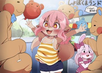 anthro balloon biped bottomwear brown_body clothed clothing detailed_background female fur group hair inflatable open_mouth outside pink_hair pupils smile solo_focus text topwear young dagasi momo_(dagasi) canid canine fox lagomorph leporid mammal rabbit hi_res japanese_text translated