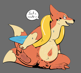 2_tails 3_fingers 3_toes belly black_nose bodily_fluids crotch_tuft feet female feral fingers foot_focus fur grey_background half-closed_eyes long_tail multi_tail narrowed_eyes navel nude open_mouth orange_body orange_fur orange_pubes pubes simple_background sitting solo speech_bubble sweat sweatdrop tail teeth text toes tuft fizzpop nintendo pokemon floatzel generation_4_pokemon pokemon_(species) 2025 english_text