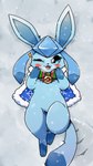 ambiguous_gender blue_body blush blush_lines clothing featureless_crotch feral fluffy_ears forepaw_on_face holidays kemono looking_at_viewer lying open_mouth pokeball robe snow snowing solo tail park_horang christmas nintendo pokemon eeveelution generation_4_pokemon glaceon pokemon_(species) 2021 absurd_res hi_res