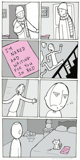 beard bed bedroom bottomwear building clothed clothing dialogue door door_handle doorknob drawer duo facial_hair feral footwear furniture gloves handwear happy hat headgear headwear house humor inside jacket lamp male nightstand note on_bed pants pen photo picture_frame pillow running scarf shirt shoes stairs standing suggestive text topwear lunarbaboon domestic_cat felid feline felis human mammal comic english_text hi_res monochrome