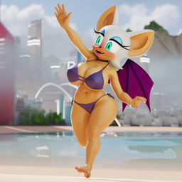 anthro back_wings barefoot big_breasts big_ears bikini breasts choker city cityscape clothing colored_nails detailed_background eyelashes eyeshadow fangs feet female fingernails gesture green_eyes hair hairless_body jewelry lips makeup memebranous_wings nails navel necklace open_mouth outside pink_fingernails pink_nails pink_toenails purple_bikini purple_clothing purple_swimwear side-tie_bikini solo string_bikini swimwear teeth toenails toes two-piece_swimsuit water waving white_hair wide_hips wings lpyro9 nottanj_(modeler) sega sonic_the_hedgehog_(series) rouge_the_bat bat mammal 1:1 2024 3d_(artwork) digital_media_(artwork) hi_res huge_filesize