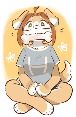 ahoge anthro barefoot bone bone_in_mouth bottomwear breasts clothed clothing eyewear feet female fur glasses grey_clothing grey_shirt grey_topwear hair looking_at_viewer mouth_hold shirt shorts solo tail tan_body tan_fur tan_tail topwear white_body white_fur white_tail rimamaru_(artist) canid canine canis domestic_dog mammal absurd_res hi_res