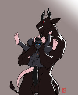 anthro anthro_on_anthro balls black_hair blue_eyes chain dominant duo erection eyewear facial_hair feet fur genitals glasses goatee grey_body grey_fur grin hair horn humanoid_genitalia humanoid_penis jewelry larger_dom larger_male male male/male male_penetrating muscular muscular_anthro necklace necklace_only nude penetration penis penis_size_difference pink_ears pink_feet pink_nose pink_tail plantigrade red_eyes sex simple_background size_difference smile spade_tail tail teeth faint akem_mansur rosch'chak bovid caprine caprine_demon demon goat mammal murid murine rat rodent 2025 digital_media_(artwork)