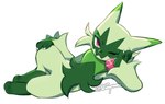 ambiguous_gender anthro fur green_body green_fur lying multicolored_body multicolored_fur on_side one_eye_closed pink_eyes pink_nose simple_background solo white_background zerpreros nintendo pokemon felid feline floragato generation_9_pokemon mammal pokemon_(species) 2024 signature