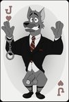 anthro balls big_balls big_penis black_tie_(suit) bottomless card card_template clothed clothing cuff_(restraint) fur genitals handcuffs heart_symbol hearts_(suit) humanoid_genitalia humanoid_penis jack_of_hearts looking_at_viewer male metal_cuffs muscular muscular_anthro muscular_male necktie penis playing_card playing_card_template restraints shackles simple_background smile sock_garters solo suit teeth topwear neenya dog_city ace_hart canid canine canis domestic_dog german_shepherd herding_dog mammal pastoral_dog hi_res