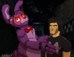 anthro bow_(feature) bow_tie dark duo facial_hair fur glowing glowing_eyes hair machine male red_eyes conditional_dnp xnirox five_nights_at_freddy's real_world scottgames bonnie_(fnaf) markiplier animatronic human lagomorph leporid mammal rabbit robot