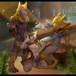 absurd_res anthro anubian_jackal armor avian azir_(lol) balls bandage bird black_bars blush canid canine canis ekagos ender_riens erection forest genitals group headgear helmet hi_res humanoid_genitalia humanoid_penis jackal kneeling league_of_legends letterbox looking_at_another male male/male mammal masturbation muscular muscular_male nasus_(lol) nipples pecs penis plant riot_games sitting smile tencent tree trio vein veiny_penis