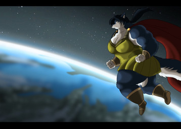 anthro armor big_breasts blue_hair boots bracers breasts cape clothed clothing earth female footwear fur hair huge_breasts hyper multicolored_body multicolored_fur muscular muscular_anthro planet shoes solo space sun thick_thighs two_tone_body two_tone_fur xxsparcoxx selene_(xxsparcoxx) canid canine canis mammal wolf 2016 digital_media_(artwork)
