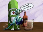 4_ears alcohol anthro beverage blue_body blue_feathers countershading dewclaw digitigrade feathered_crest feathered_wings feathers female green_body green_eyes head_crest micro multi_ear nude solo winged_arms wings doesnotexist gyrotech heineken luvashi avali avian digital_media_(artwork) digital_painting_(artwork)