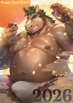 5_fingers anthro asian_clothing brown_body brown_fur brown_nipples bulge clothed clothing detailed_bulge east_asian_clothing fingers fundoshi fundoshi_only fur holiday_message holidays humanoid_hands japanese_clothing male musclegut muscular navel nipples overweight overweight_male solo text topless underwear underwear_only daihukudokoro chinese_zodiac new_year new_year_2026 year_of_the_horse equid equine horse mammal 2026 english_text hi_res