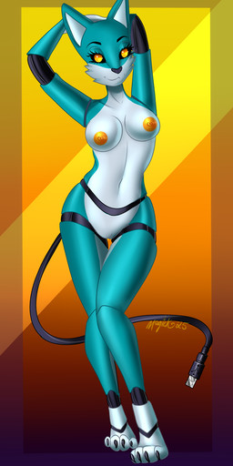 anthro areola black_nose black_sclera blue_body body_seams breasts cable_tail electronics eyebrows eyelashes female genitals gradient_background grey_body hands_behind_head looking_at_viewer machine medium_breasts multicolored_body navel nipples nude orange_areola orange_eyes orange_nipples posing_nude segmented_arms segmented_body segmented_legs simple_background smile solo tail text thick_thighs usb usb_cable usb_tail vulva wide_hips xmagickx meg_delta canid canine fox mammal robot robot_anthro 2025 artist_name digital_drawing_(artwork) digital_media_(artwork) full-length_portrait hi_res portrait shaded signature