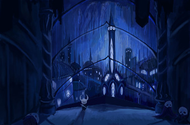 2_horns ambiguous_gender anthro biped black_eyes city cloak clothed clothing corpse detailed_background glass group horn melee_weapon nail_(weapon) raining standing weapon weapon_on_back glothincloset hollow_knight_(franchise) team_cherry the_knight_(hollow_knight) vessel_(species) 2025 absurd_res hi_res
