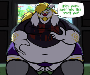 anthro arm_hair beard belly big_belly blonde_hair body_hair bottomwear clothing dialogue eyewear facial_hair fur glasses goatee hair horn leg_hair male moobs obese obese_male overweight overweight_male pants shirt solo text topwear weight_gain white_body white_fur justemockroach deltarune undertale undertale_(series) asriel_dreemurr bovid caprine goat mammal english_text hi_res