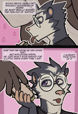 2_panel_comic anthro blep clothed clothing duo food fur hair holding_object internal_dialogue licking_food male sandwich_(food) solo_focus text tongue tongue_out king_slabu adrian_(king_slabu) nolan_(king_slabu) american_opossum canid canine canis domestic_dog mammal marsupial spirit virginia_opossum 2026 absurd_res comic digital_media_(artwork) english_text hi_res
