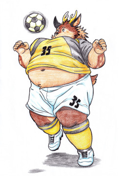 anthro antlers ball belly blush bottomwear brown_body brown_fur clothing fur horn male navel overweight shorts soccer_ball soccer_uniform solo sport sportswear uniform butti_myroom tamacolle kazusa deer mammal absurd_res hi_res