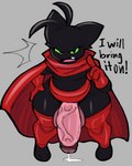 angry anthro big_penis black_body black_fur bodily_fluids cape clothing flaccid fur genital_fluids genitals green_eyes legwear male penis precum red_clothing solo text thick_thighs thigh_highs wide_hips nathanatwar cartoon_network mao_mao:_heroes_of_pure_heart sheriff_mao_mao_mao domestic_cat felid feline felis mammal absurd_res hi_res