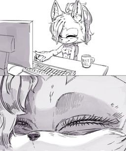 anthro breasts claws cleavage clothed clothing computer computer_mouse container cup desk electronics eyelashes eyes_closed eyes_mostly_closed facial_markings fangs female fingers fur furniture hair head_markings keyboard long_hair markings mask_(marking) mug narrowed_eyes ponytail shirt simple_background small_breasts smile solo squint table teeth the_truth topwear white_background napalm_express idw_publishing sega sonic_the_hedgehog_(comics) sonic_the_hedgehog_(idw) sonic_the_hedgehog_(series) whisper_the_wolf canid canine canis mammal wolf 2021 digital_drawing_(artwork) digital_media_(artwork) greyscale hi_res monochrome